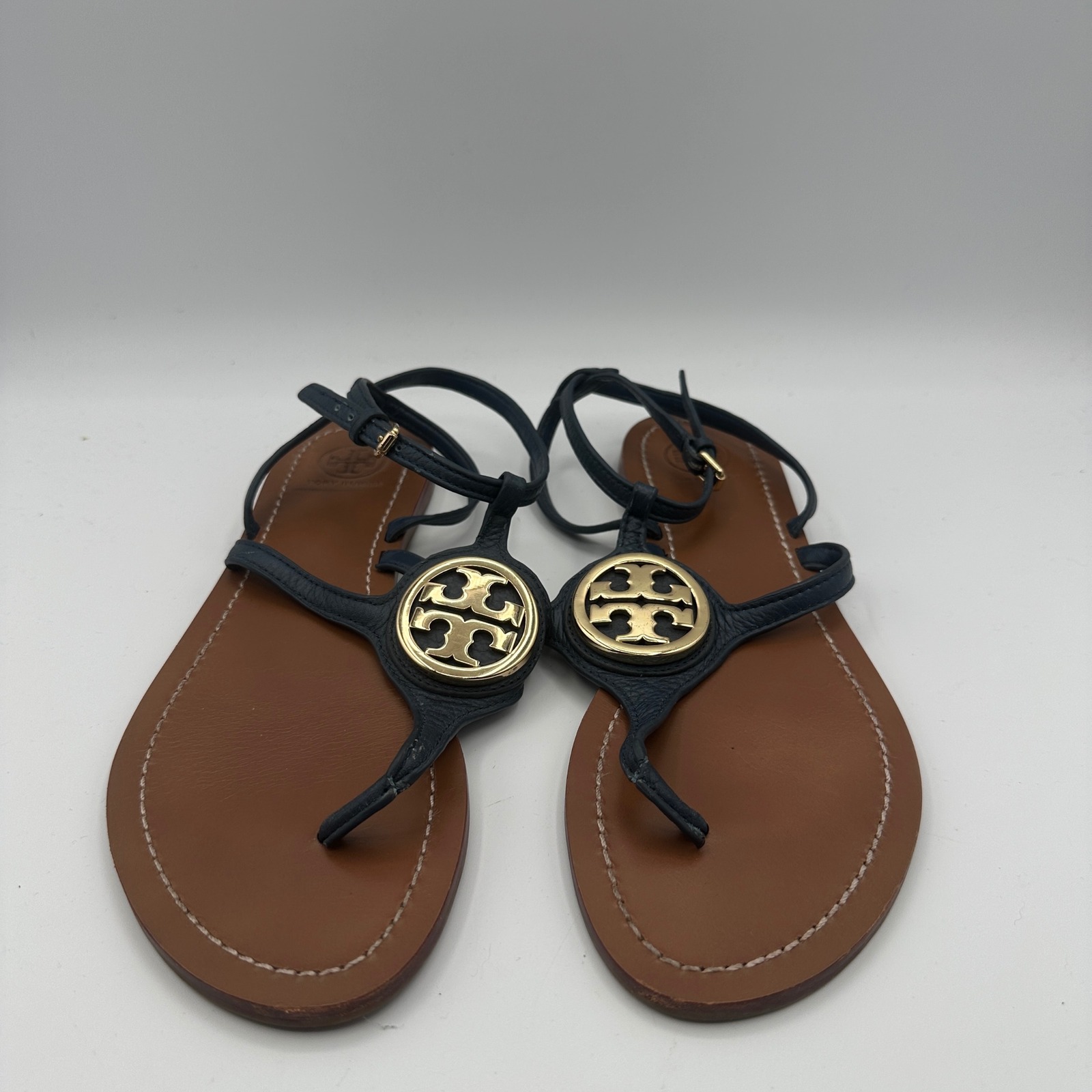 Tory Burch Leticia Strappy Sandal Womens 8.5 Navy Blue Leather Gold Flat Thong